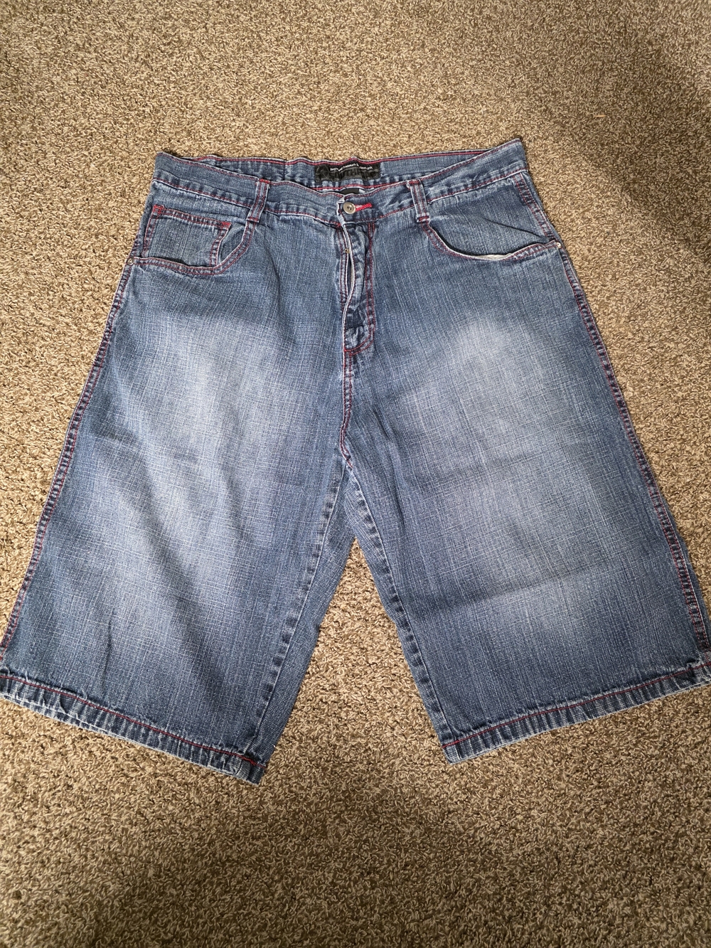 South Pole Men's Light Blue Denim Shorts with Red Contrast Stitching Y2K